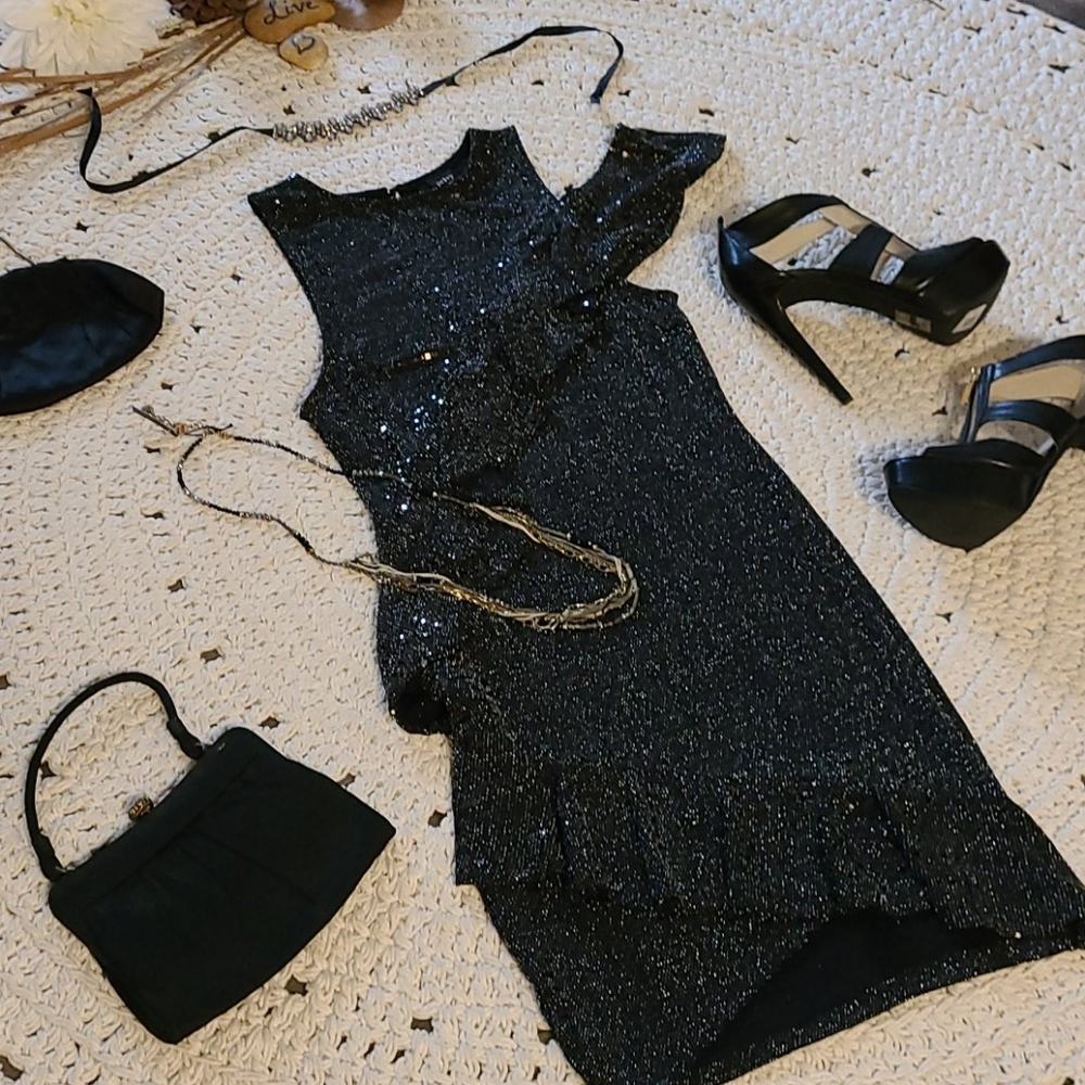 NWOT COCKTAIL DRESS BLACK AND SILVER SHIMMER R - Picture 3 of 16